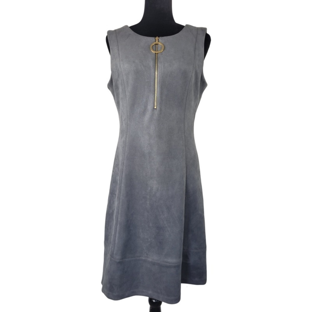 ✅ DKNY gray faux suede sleeves fit and flare dress size 10